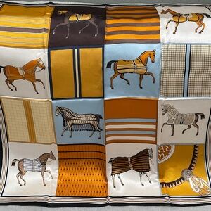 100% Silk Scarf Bandana Horses Equestrian orange brown